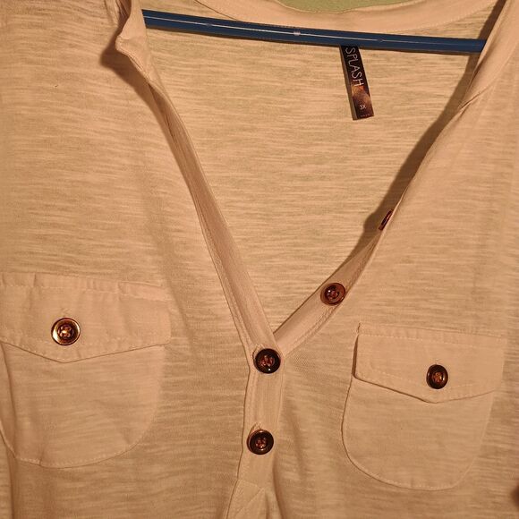 Women's White Short Sleeve Henley Tunic Top with Button Detail - Picture 3 of 5